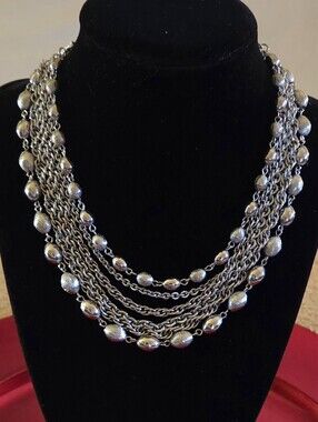 Vintage Silver Multi Strand Bib Necklace Chunky Textured Statement Layered
